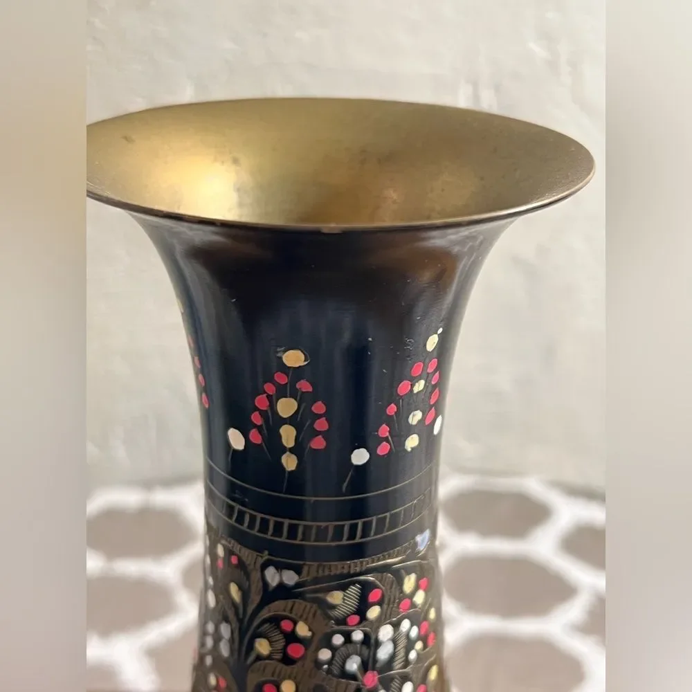 Vintage Black and Etched Brass Vase w enameled colorful painting, unique decor
